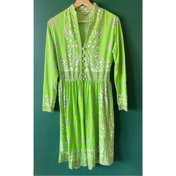 Vintage 70s Dress Printed Nylon Floral Signed Green Maurice by C. Rizza Medium - Picture 1 of 6